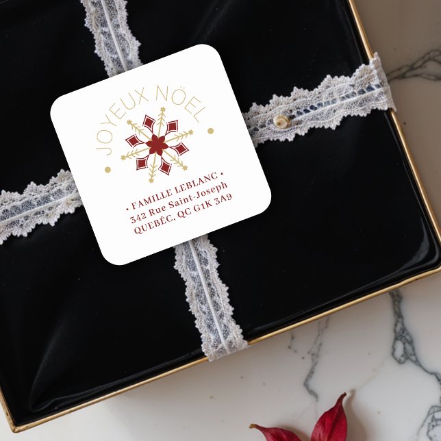 Adesivo Quadrado French  Sophisticated Gold & Dark Red Snowflake (French Cute Sophisticated Faux Golden & Dark Red Snowflake Christmas Winter Address Square Stickers.)
