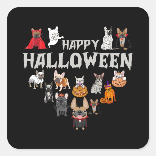 Adesivo Quadrado Frenchie Costume Happy Halloween Buldogue francês (Frente)