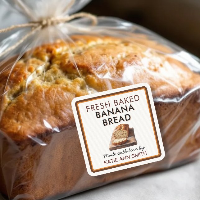 Adesivo Quadrado Fresh Baked Banana Bread Square Label Sticker (Fresh baked homemade banana bread loaf label stickers for bakery packaging)