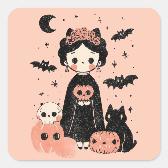 Adesivo Quadrado Frida Kahlo Pink Pasteloentre Spooky Cute Hallowee (Frente)
