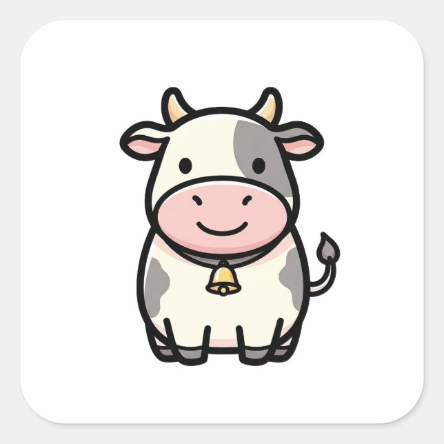 Adesivo Quadrado Friendly Cow – Cute Kawaii Animal Illustration (Frente)