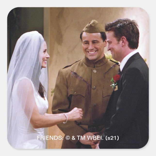 Adesivo Quadrado FRIENDS™ | Joey casa com Monica & Chandler (Frente)