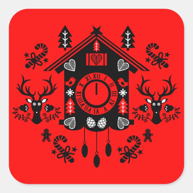 Adesivo Quadrado Frohe Weihnachten German Cuckoo Clock (Frente)