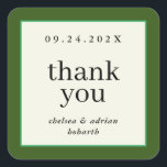 Adesivo Quadrado Fronteira Verde Florestal Simples Favor do Casamen<br><div class="desc">Faça uma declaração de elegância subestimada com este simples e baseado em texto favor do casamento obrigado que você coloca no rótulo com uma fronteira de verde florestal rico e um pequeno sotaque de Kelly Green. Use a opção personalização para mudar as cores e as fontes para se adequar ao...</div>