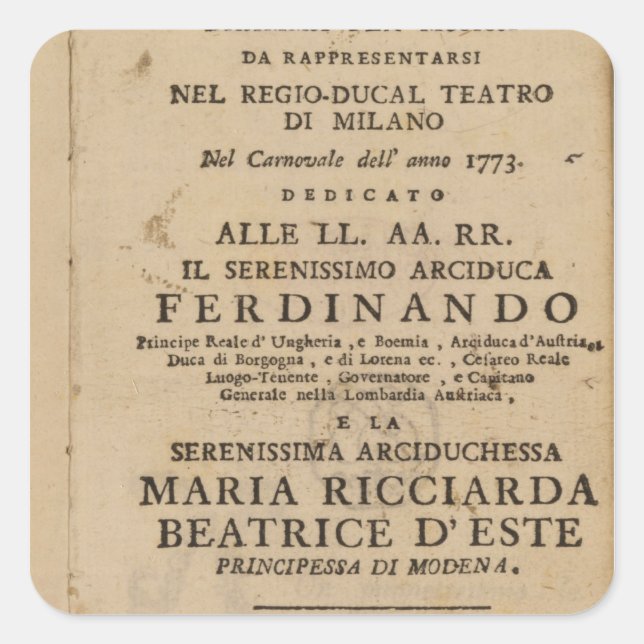 Adesivo Quadrado Frontispício do Lucio Silla de Mozart (Frente)