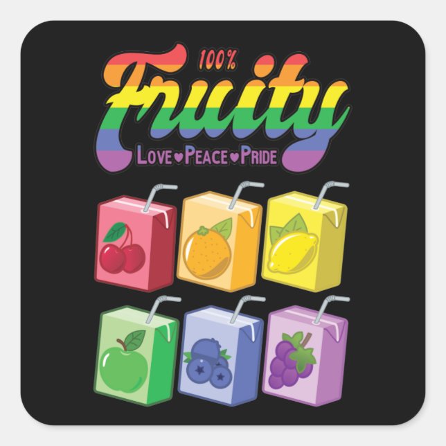 Adesivo Quadrado Fruity 100% - Love, Peace, Pride: Rainbow Juice Bo (Frente)