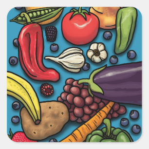 Adesivo Quadrado Frutas coloridas e vegetais em azul