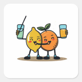Adesivo Quadrado Frutas Engraçadas Laranja E Suco De Bebendo De Lim