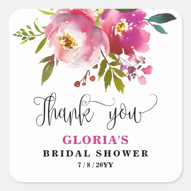 Adesivo Quadrado Fuchsia Floral  Bridal Shower  (Frente)