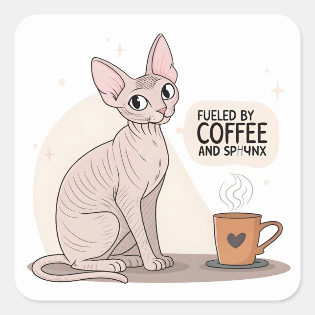 Adesivo Quadrado Fueled by Coffee and Sphynx Cat Illustration (Frente)