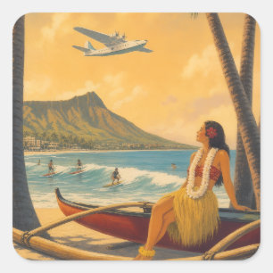 Adesivo Quadrado Fuga do Paraíso Vintage Havaiano Garota Hula Aloha