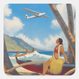 Adesivo Quadrado Fuga do Paraíso Vintage Havaiano Hula Girl Aloha