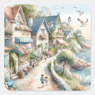 Adesivo Quadrado Fuga para uma Vila de Cottage Costeiro Pastel