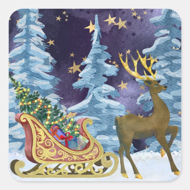Adesivo Quadrado Full Moon Over Reindeer With Sleigh (Frente)