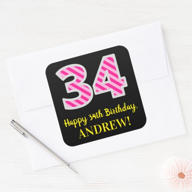 Adesivo Quadrado Fun Pink Stripes “34”: Happy 34th Birthday + Name (Envelope)