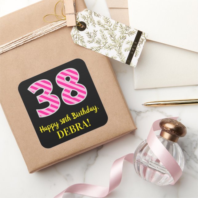 Adesivo Quadrado Fun Pink Stripes “38”: Happy 38th Birthday + Name (Presentear)