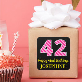 Adesivo Quadrado Fun Pink Stripes “42”: Happy 42nd Birthday + Name