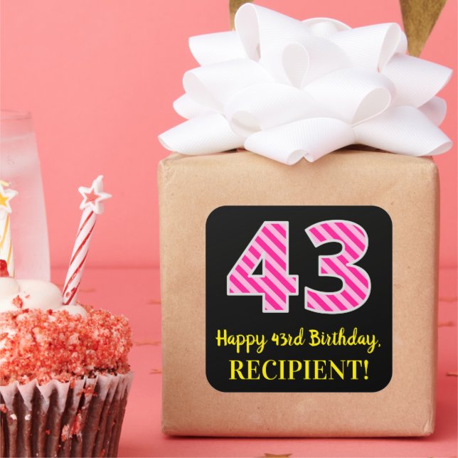 Adesivo Quadrado Fun Pink Stripes “43”: Happy 43rd Birthday + Name (Festa)