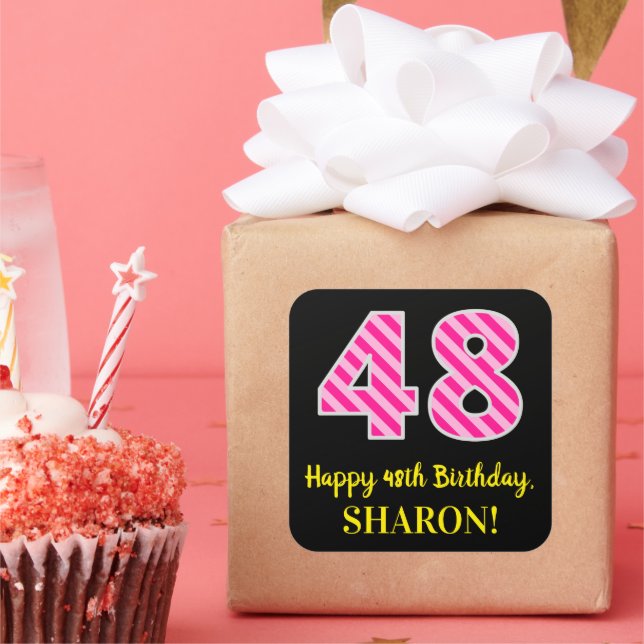 Adesivo Quadrado Fun Pink Stripes “48”: Happy 48th Birthday + Name (Festa)