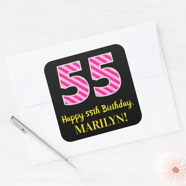 Adesivo Quadrado Fun Pink Stripes “55”: Happy 55th Birthday + Name (Envelope)