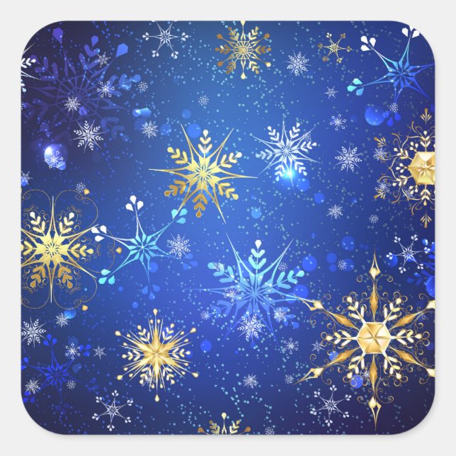 Adesivo Quadrado Fundo Azul XMAS com Flocos de Neve Ouro (Frente)