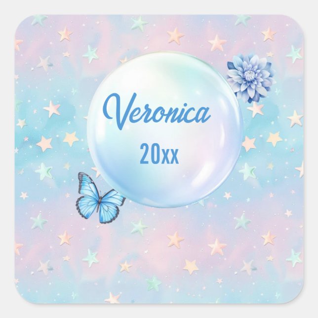 Adesivo Quadrado Fundo de Estrelo de Gradiente Cor-de-Rosa Azul (Frente)