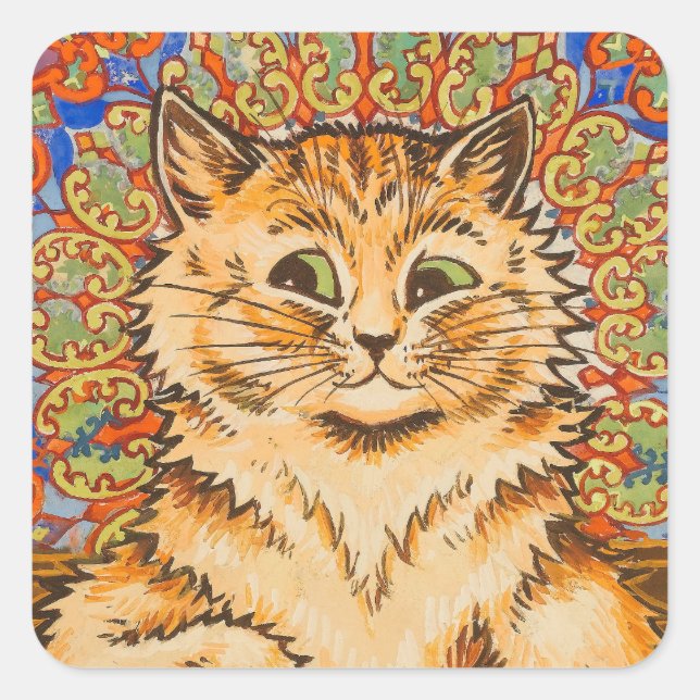 Adesivo Quadrado Fundo psicodélico e Cat pintados por Louis Wain (Frente)
