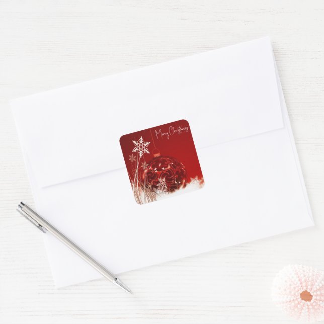 Adesivo Quadrado Fundo Vermelho com Bola de Natal (Envelope)