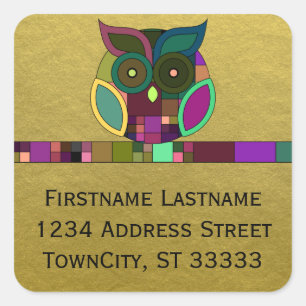 Adesivo Quadrado Funky Tribal Aztec Coruja em Faux Gold Foil