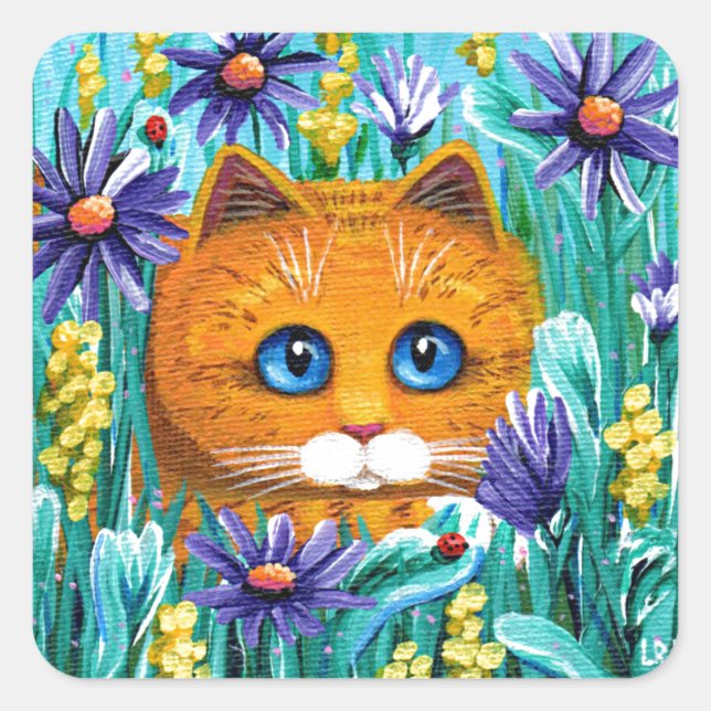 Adesivo Quadrado Funny Cat Art Laranja Tabby Flores (Frente)
