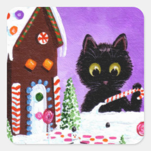 Adesivo Quadrado Funny Christmas Cat Gingerbread House Criacionaris