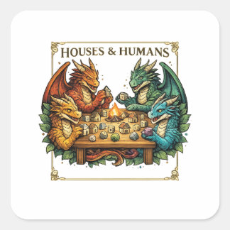Adesivo Quadrado Funny Dragon Houses and Humans Fantasy Art