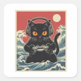 Adesivo Quadrado Funny Gamer Cat Retro Controller Headphones Night