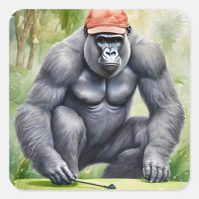 Adesivo Quadrado Funny Gorilla no Boné Vermelho Jogando Golfe (Frente)