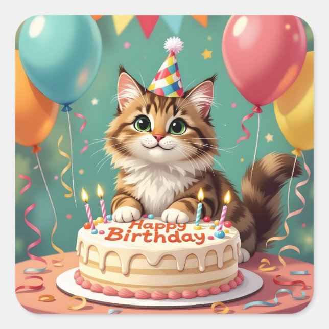Adesivo Quadrado Funny happy birthday cat (Frente)