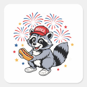 Adesivo Quadrado Funny Raccoon 4 De Julho Patriótico Vermelho Verme