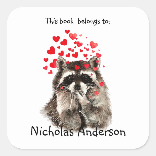 Adesivo Quadrado Funny Raccoon Animal soprando beijos Bookplate art (Frente)