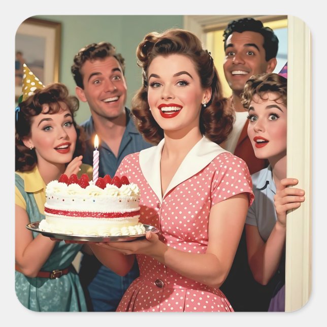 Adesivo Quadrado Funny Retro Pop Art Birthday Party Surprise (Frente)