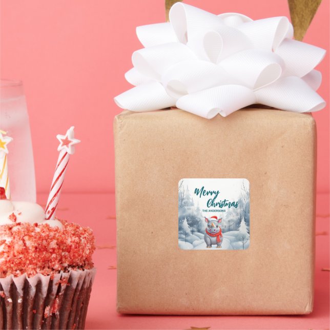 Adesivo Quadrado Funny Rhino Merry Xmas árvore de neve Festa de Nat (Festa)