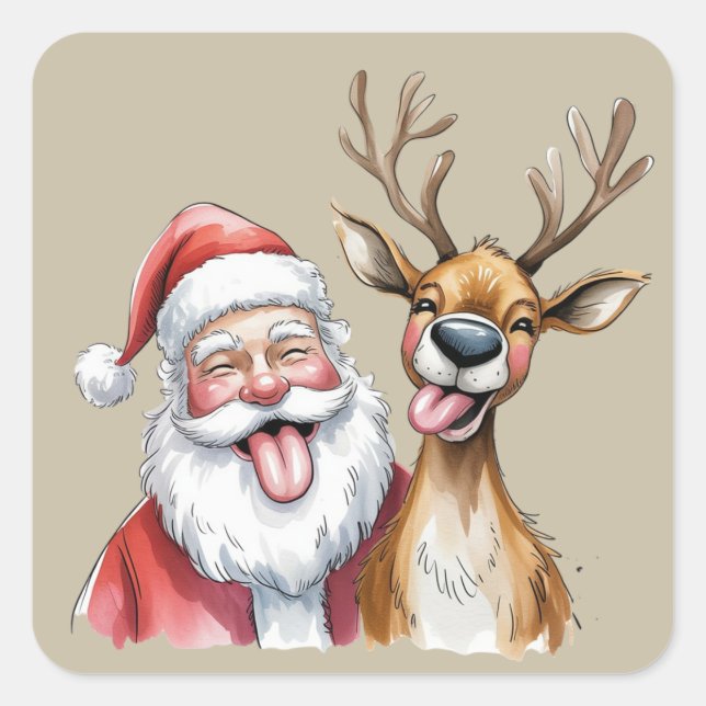 Adesivo Quadrado Funny Santa Claus and Reindeer Christmas Winter (Frente)