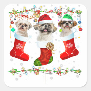 Adesivo Quadrado Funny Shih Tzu Dog Christmas Lights   Puppy Gifts