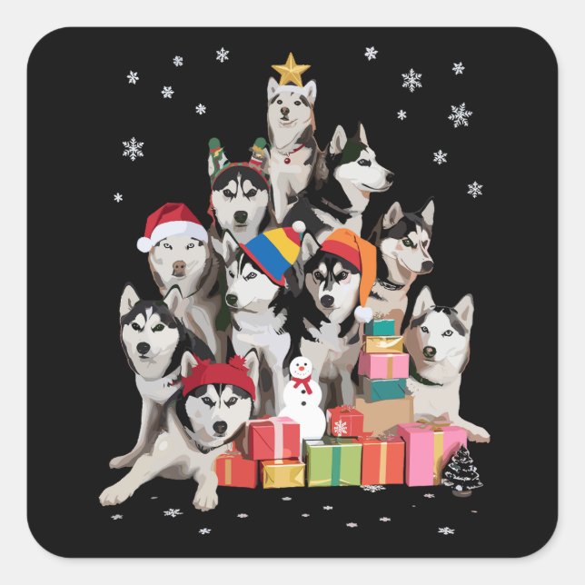 Adesivo Quadrado Funny Siberian Husky Christmas Tree Pet Dog Lover  (Frente)