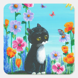 Adesivo Quadrado Funny Tuxedo Cat Borboletas Criacionarcas
