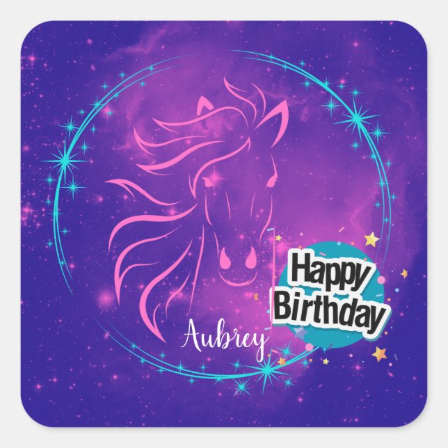 Adesivo Quadrado Galáxia Cavalo Feliz Aniversário Personalizado (Frente)