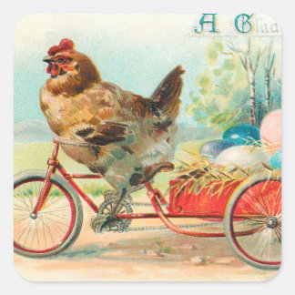 Adesivo Quadrado Galinha de Páscoa Vintage andando de bicicleta Ovo