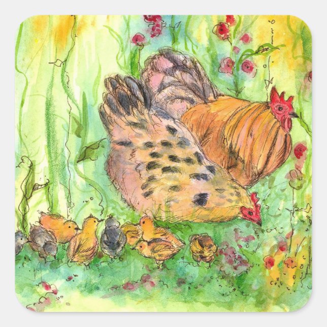 Adesivo Quadrado Galinha Fazenda de aves aquáticas com aquarela (Frente)