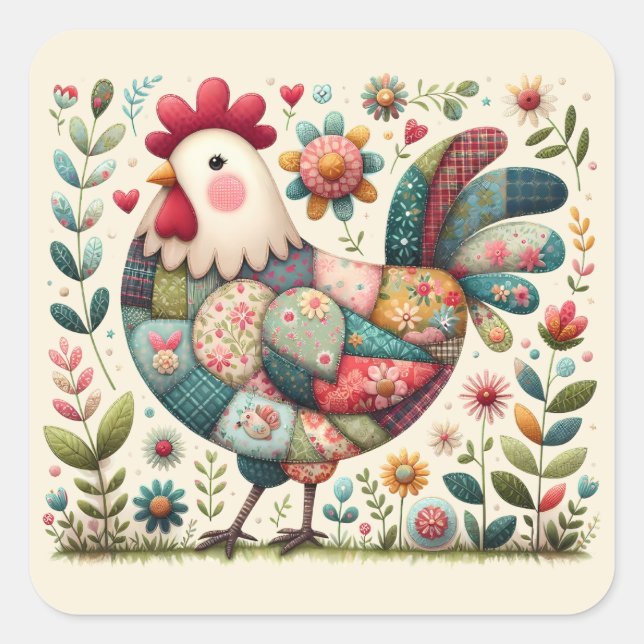 Adesivo Quadrado Galo de Patchwork Folclórico com Acentos Florais (Frente)