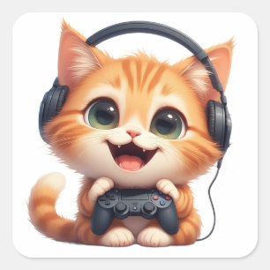 Adesivo Quadrado Gamer de Gato Divertido – Presente para Amantes de