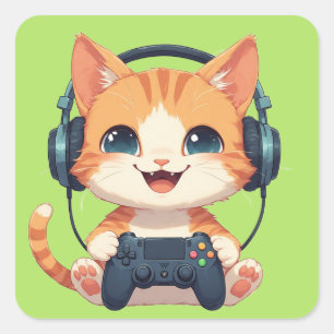 Adesivo Quadrado Gamer de Gato Engraçado – Presente para Amantes de