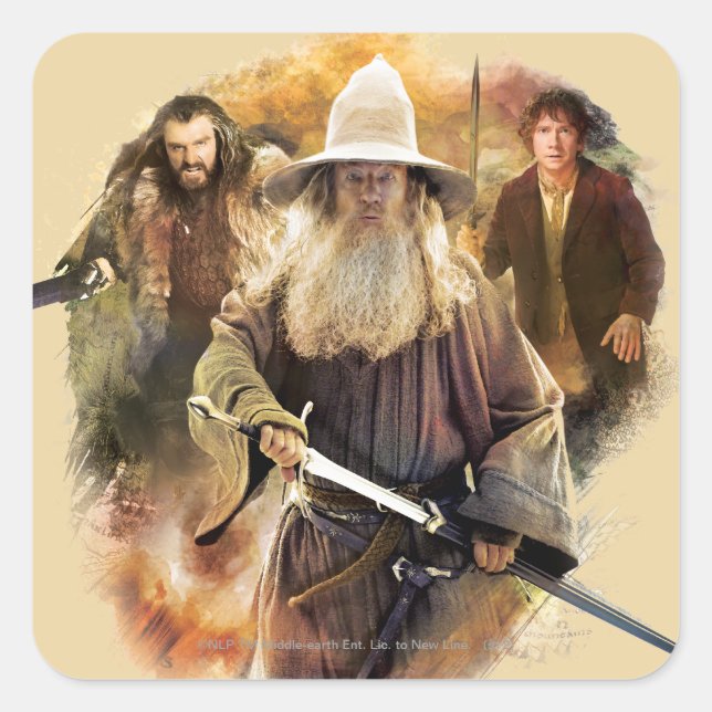 Adesivo Quadrado Gandalf, THORIN OAKENSHIELD™ E BILBO BAGGINS™ (Frente)